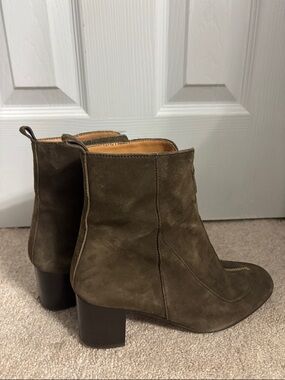 Balzac Paris Block Heel Zipper Front Ankle Boots Olive Suede and Leather Size 7